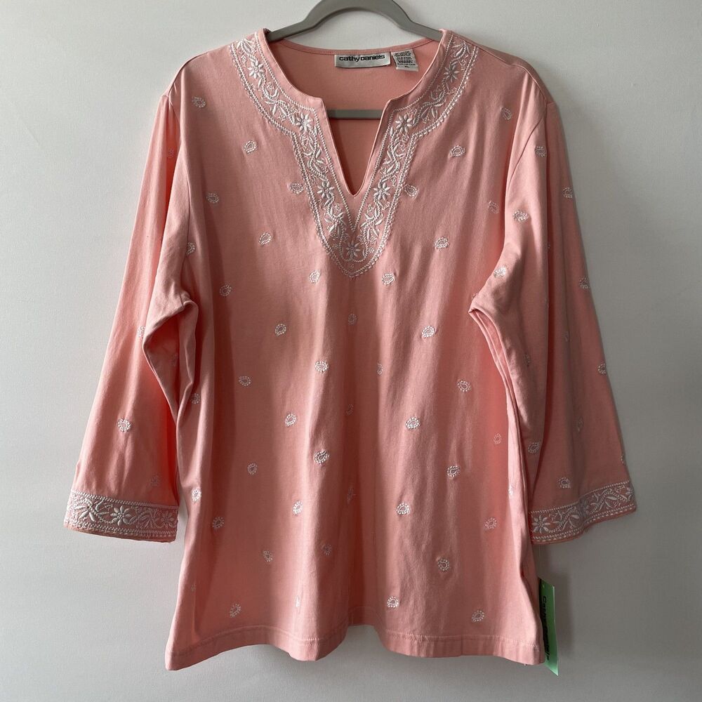 NWT Cathy Daniels Embroidered Tunic Top 3/4 Sleeve Pink Knit Women's Sz XL-dmpv